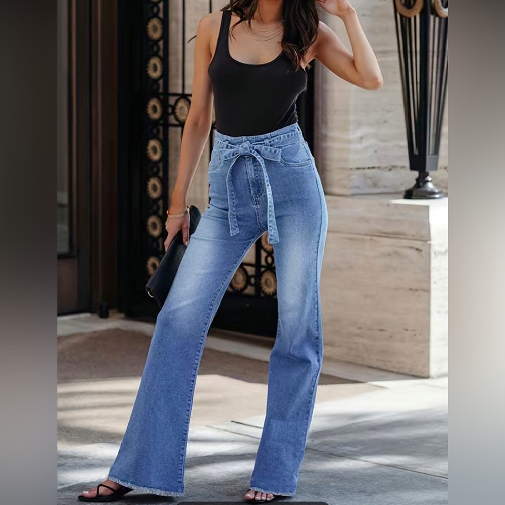 Dark Blue Raw Hem Flared Jeans, Bell Bottom High-Stretch Wide size L(8-10)